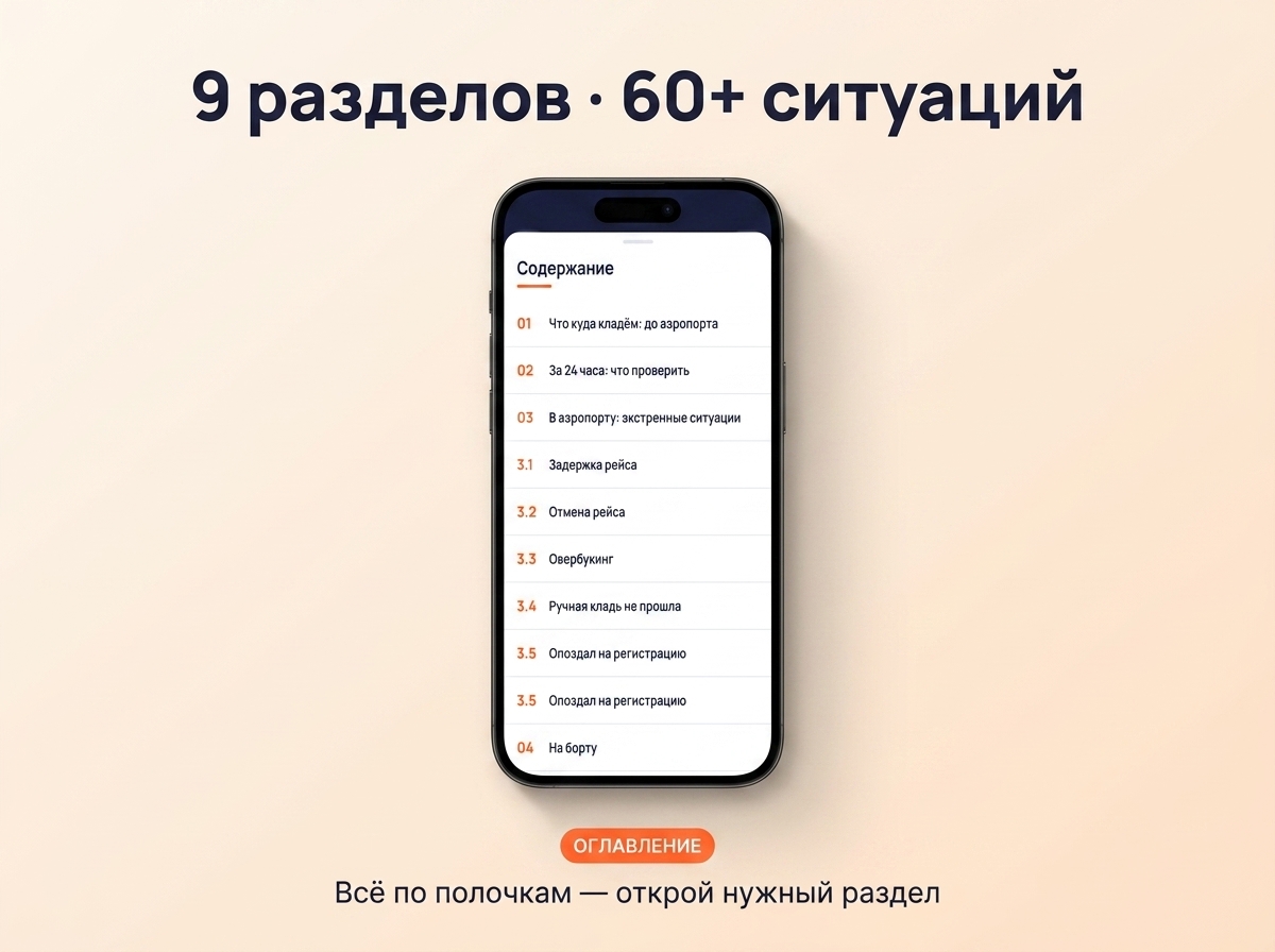 9 разделов и 60+ ситуаций — оглавление гайда на экране телефона