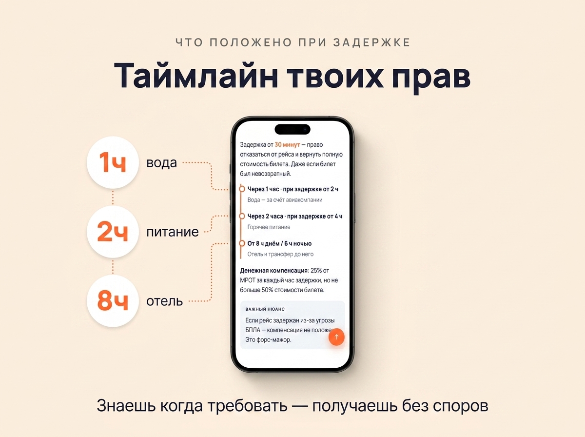 Таймлайн прав: 1ч вода, 2ч питание, 8ч отель
